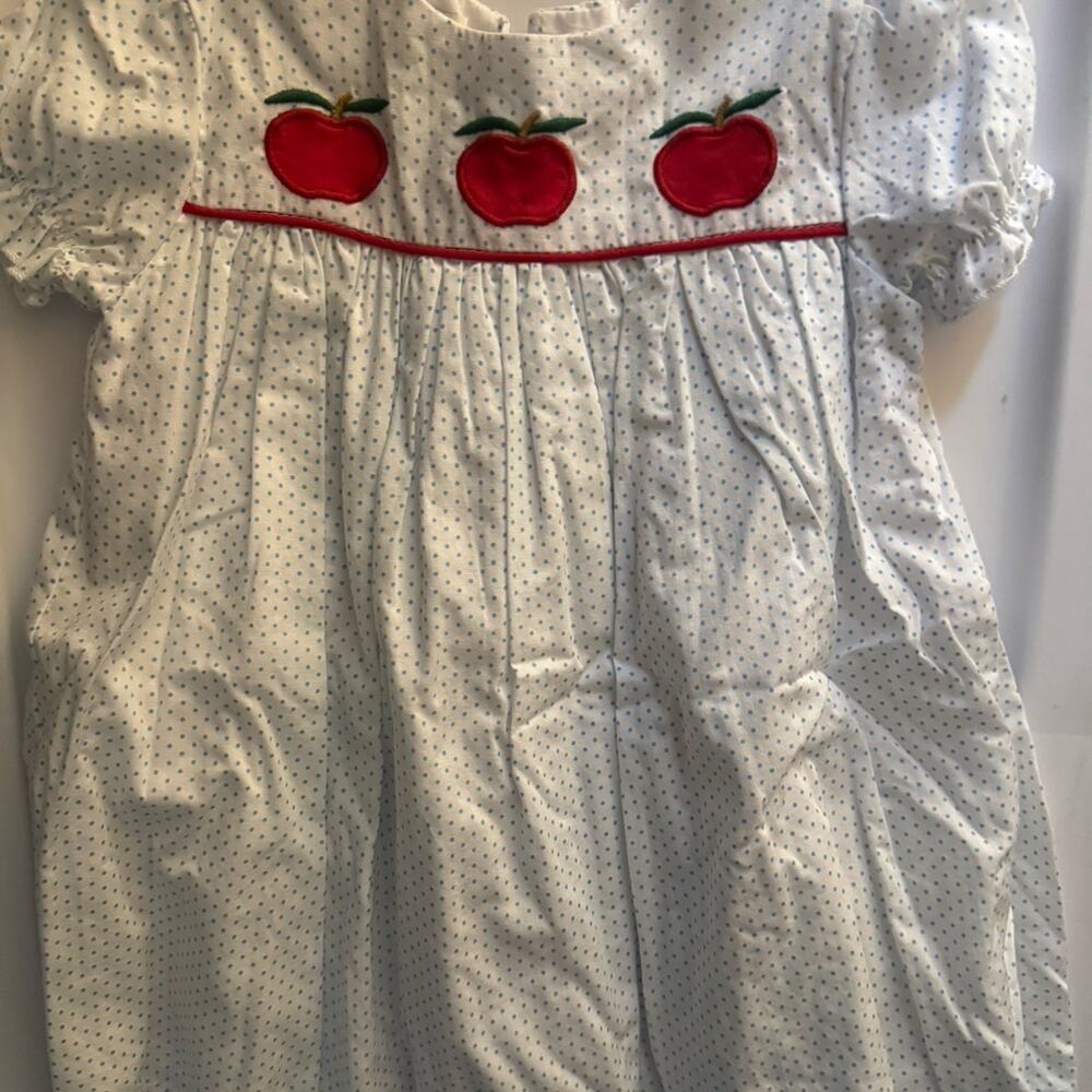 EUC The Oaks Apple Appliqué Dress w Blue Bitty Dot 24M Back to School